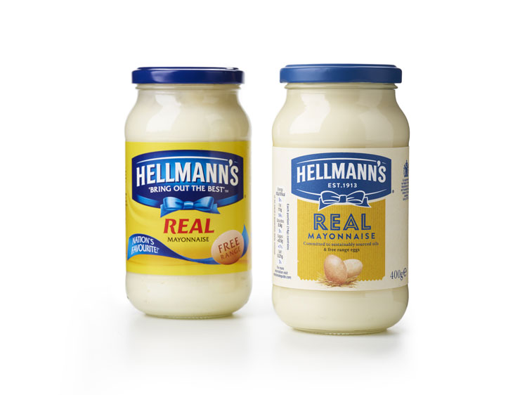 Hellmann 的品牌包裝設計，藍絲帶標志，手繪字體